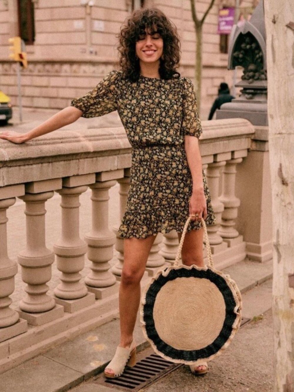 Sezane Floral Mini Dress - Black and Cream